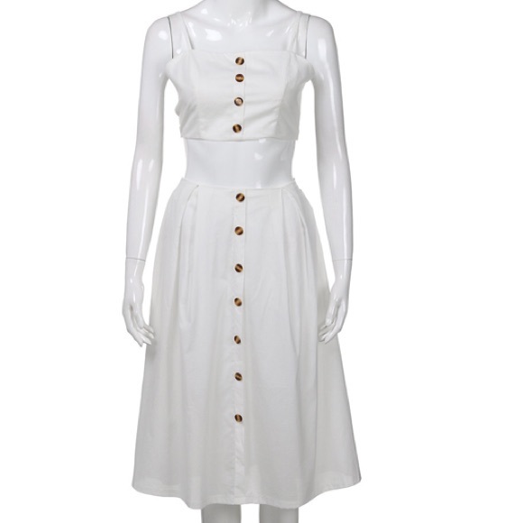 White Crop Top Skirt Set Button Down - Picture 3 of 6